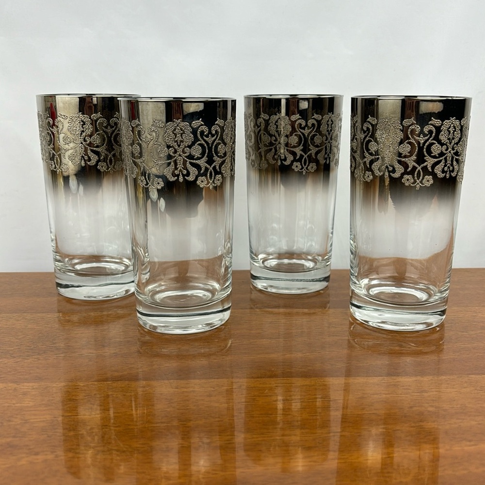 Vintage MCM silver fade ombré glasses with filigree overlay set of four